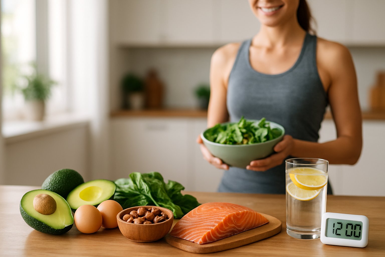 A person preparing a healthy keto meal in a bright kitchen with keto-friendly foods and a glass of water on the counter.