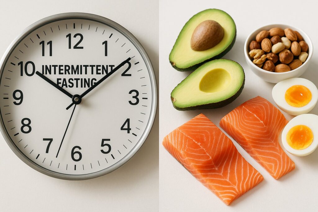 A visually appealing split-screen of a clock symbolizing intermittent fasting on one side and keto foods (avocado, salmon, nuts, eggs) on the other — bright natural lighting, clean design, ideal for blog header.