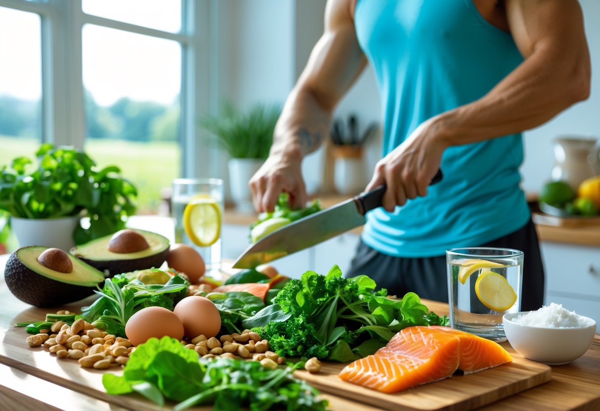 A person preparing a healthy keto meal in a sunlit kitchen with keto-friendly foods like avocados, eggs, nuts, and salmon on the countertop.