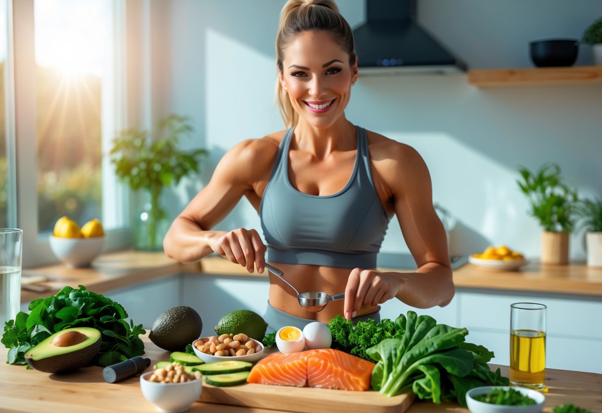 Showing how to boost metabolism on keto. A fit woman preparing a healthy ketogenic meal with avocados, eggs, and salmon in a bright kitchen.