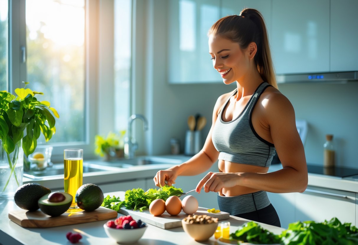 A young woman preparing a healthy keto meal in a bright kitchen with fresh ingredients like avocados, eggs, and leafy greens.