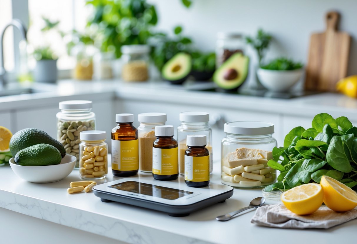 A kitchen counter with various supplements, fresh avocado, leafy greens, and lemon wedges arranged together.