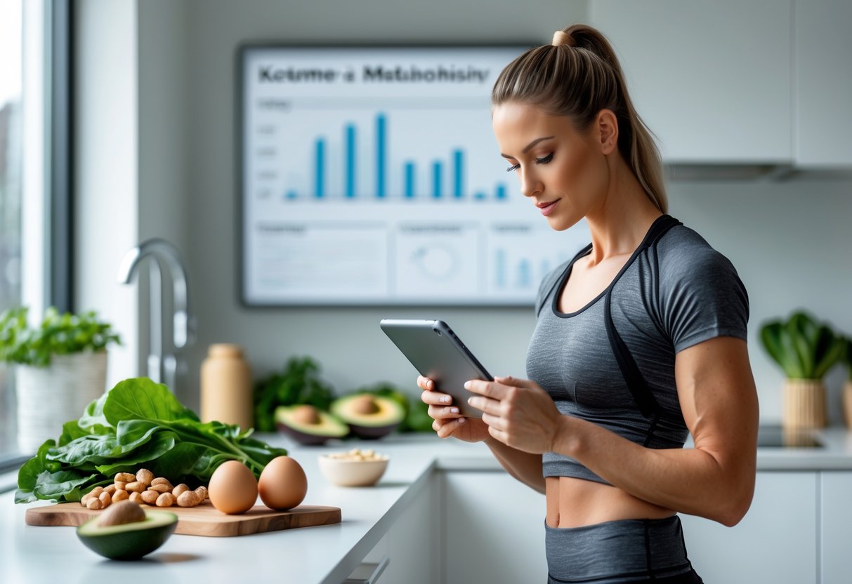 A person in a bright kitchen tracking their progress on a tablet with fresh keto foods on the counter and charts displayed in the background.