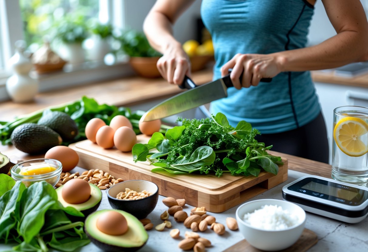 A person preparing a healthy keto meal in a kitchen with fresh vegetables, eggs, and nuts on the counter.