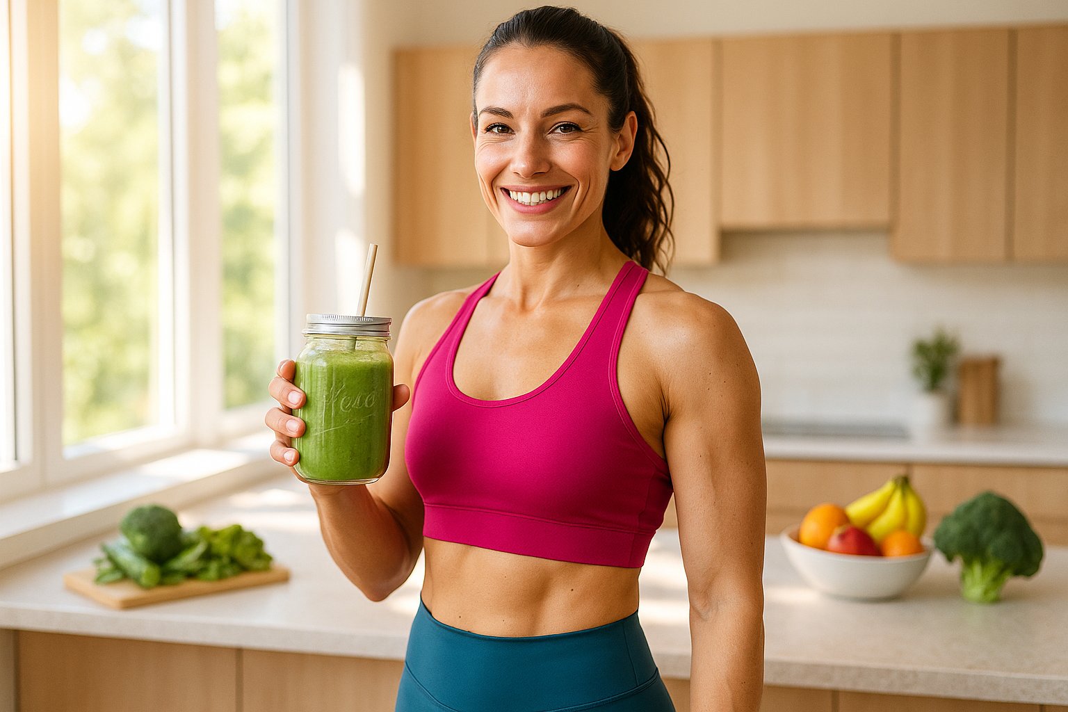 Energetic woman in workout gear holding a keto smoothie in her kitchen, morning light, healthy and active vibe.