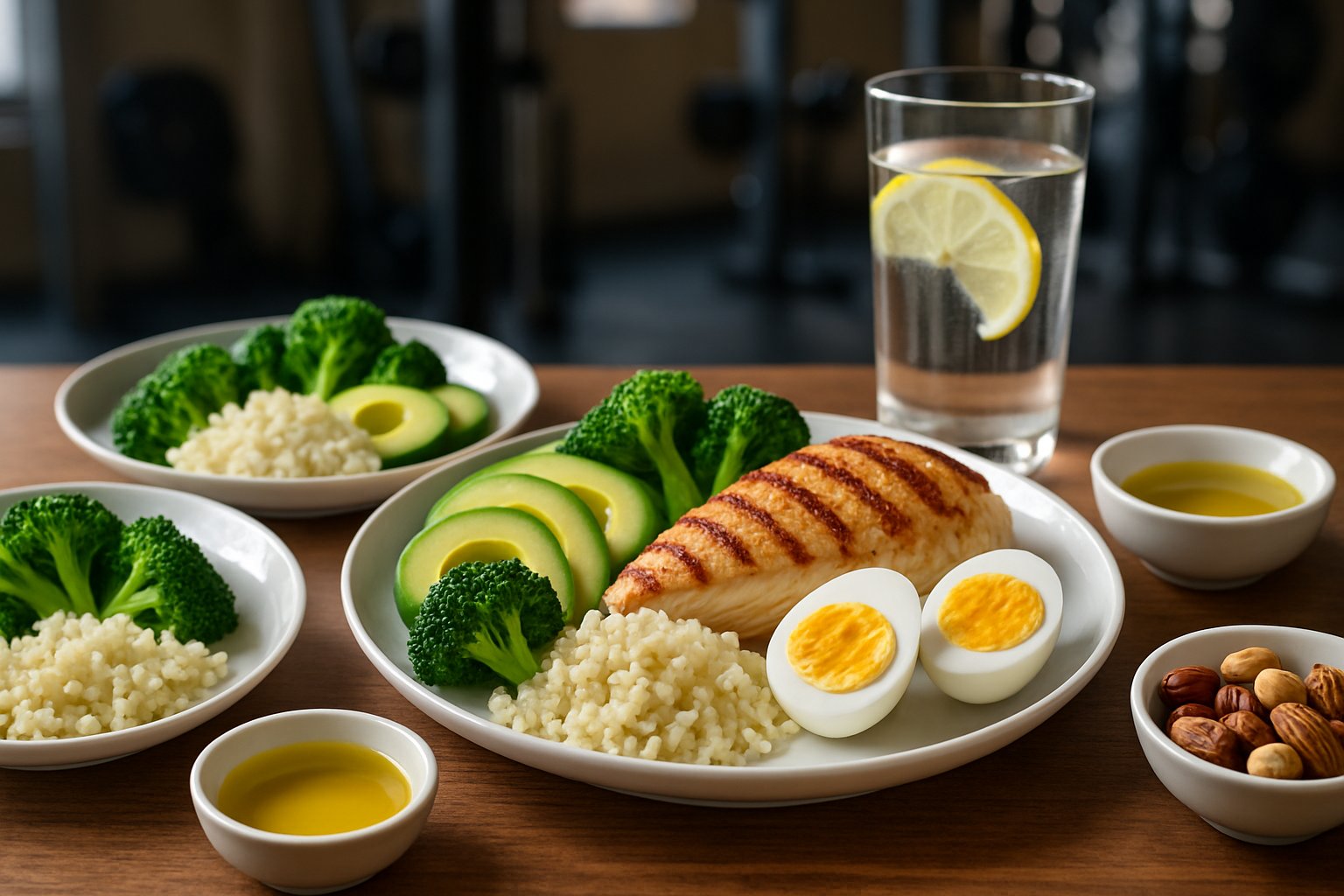 A table with plates of grilled chicken, avocado, broccoli, cauliflower rice, boiled eggs, and nuts, with a glass of water and gym equipment blurred in the background.