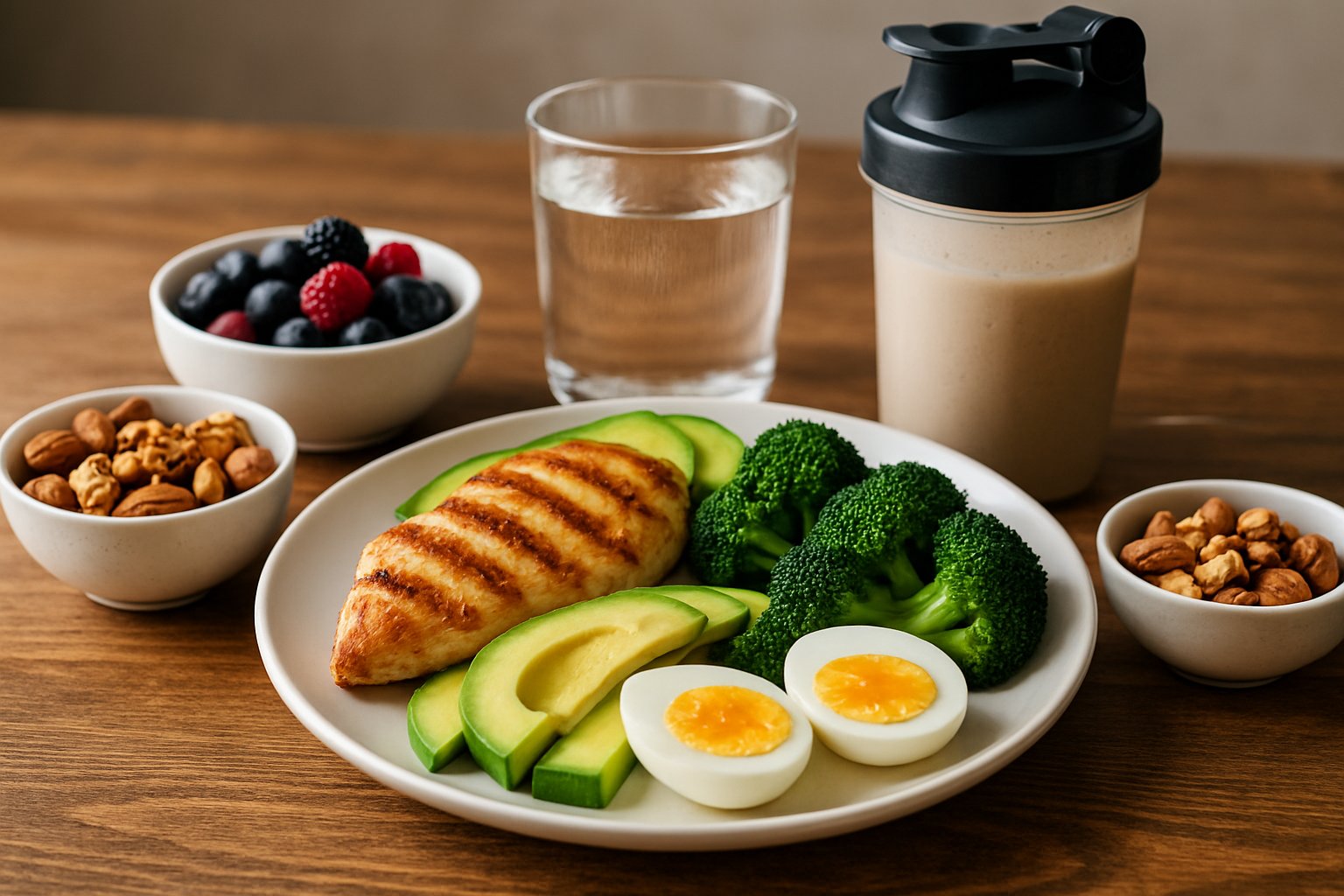 A table with a variety of healthy post-workout keto foods including grilled chicken, avocado, broccoli, eggs, nuts, berries, water, and a protein shake.