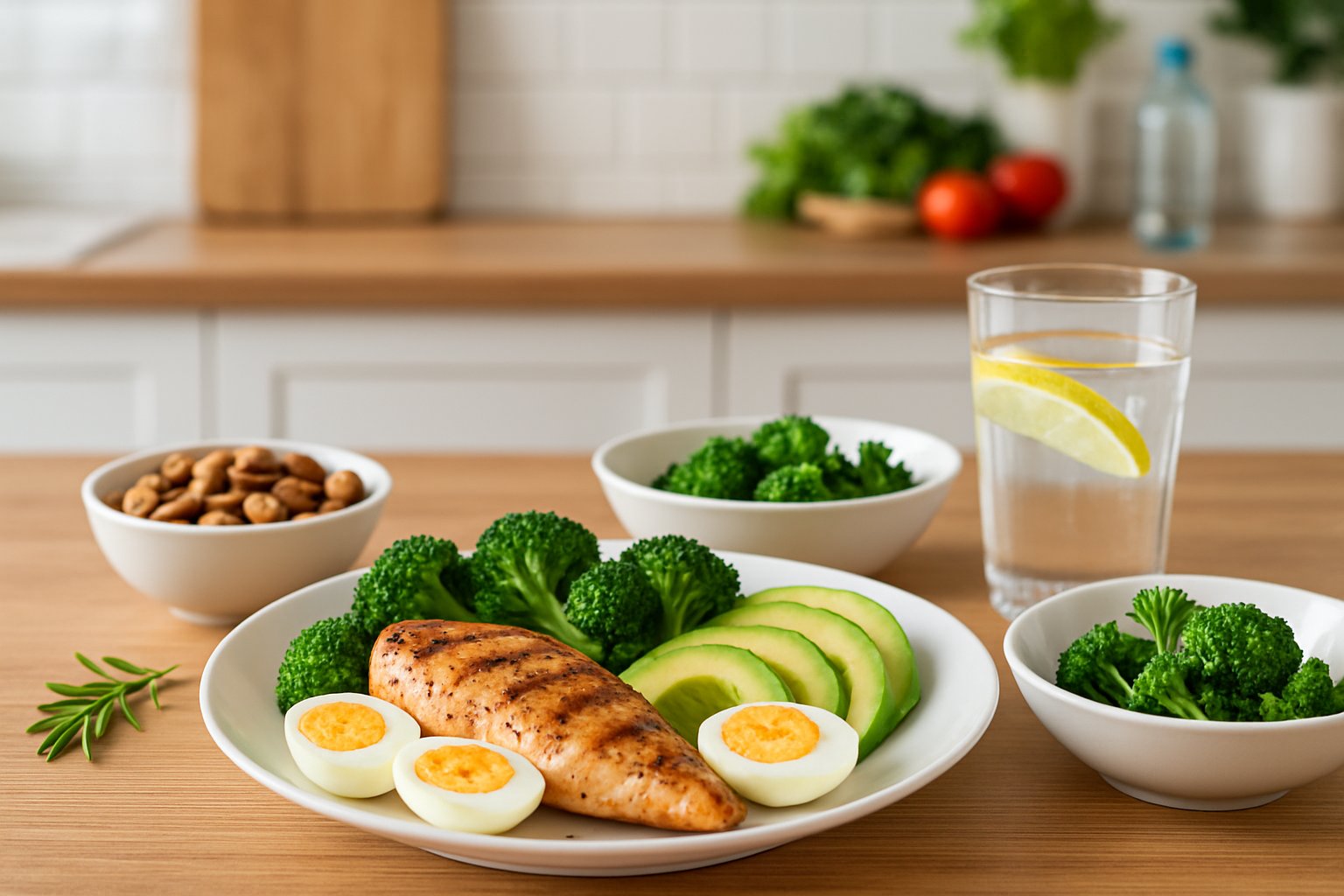 A table with the best post-workout keto meal including grilled chicken, broccoli, avocado, boiled eggs, nuts, and a glass of water.
