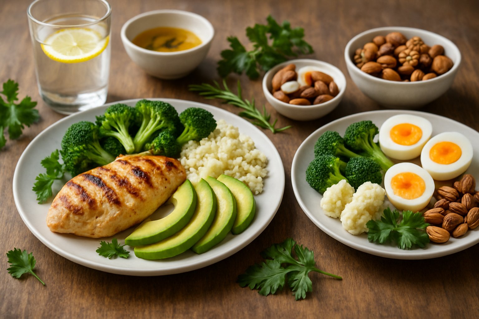 A table with plates of grilled chicken, avocado, broccoli, cauliflower rice, boiled eggs, and nuts arranged as healthy post-workout keto meals.