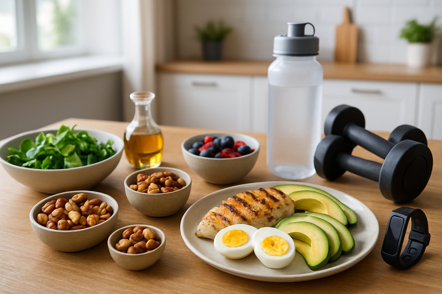 A kitchen table with various healthy keto meals including grilled chicken, avocado, eggs, salad, nuts, and berries, alongside fitness items like dumbbells and a water bottle.