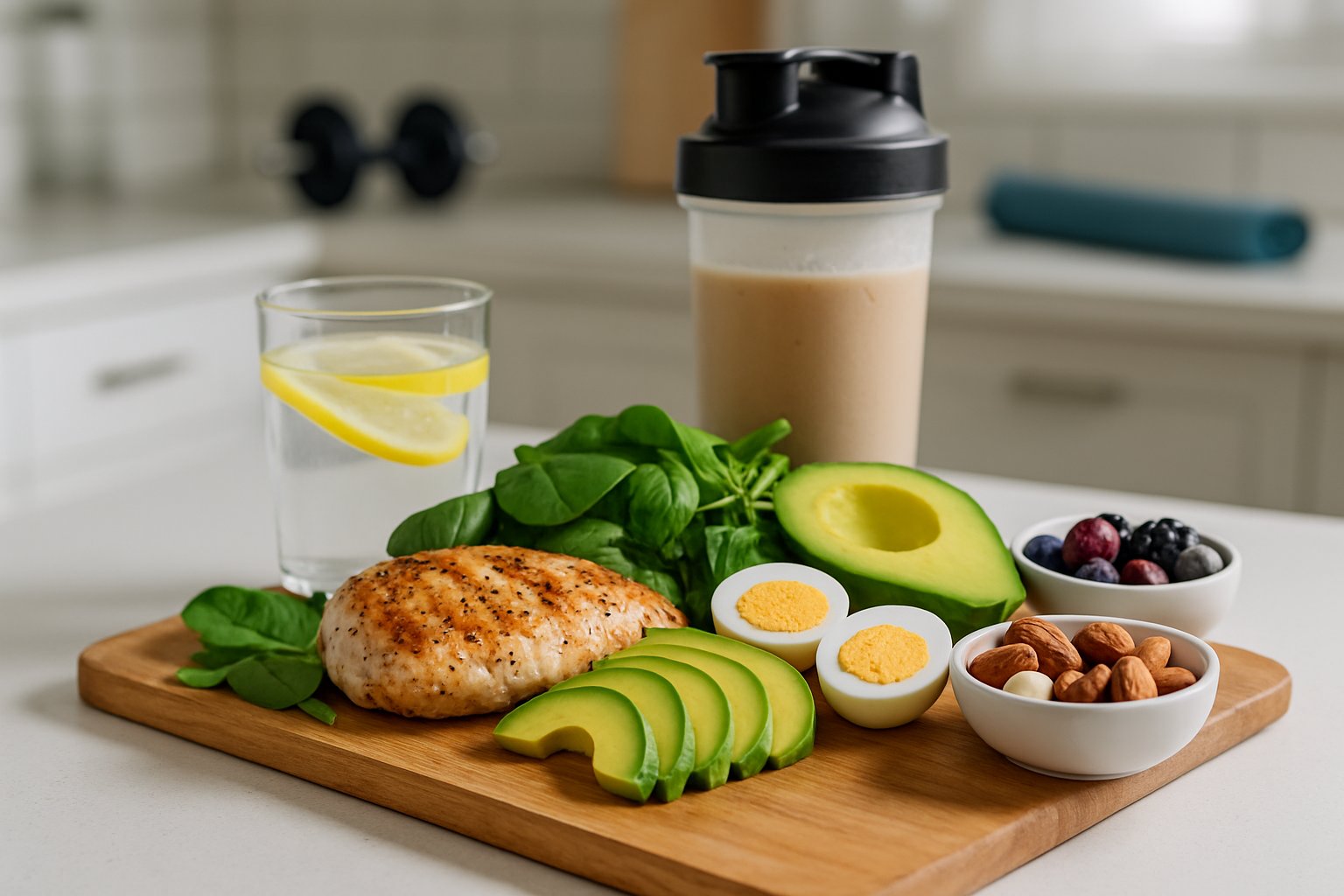 A kitchen countertop displaying a variety of fresh keto-friendly post-workout meals including grilled chicken, avocado, eggs, nuts, berries, and a protein shake with gym equipment in the background.