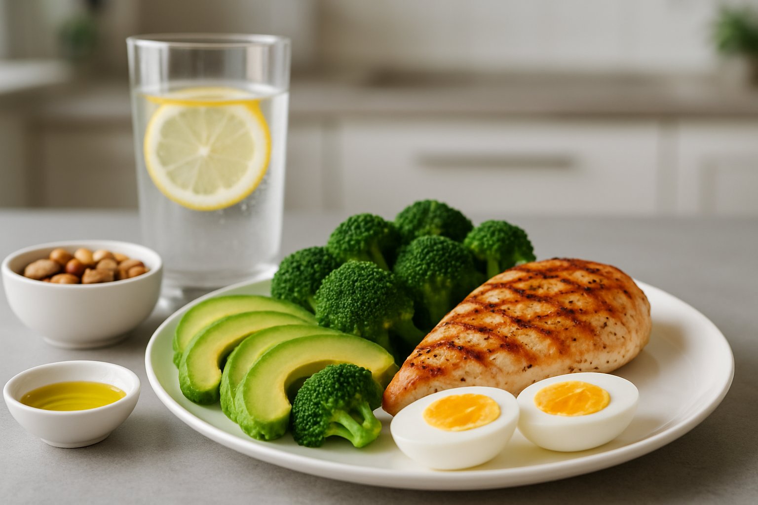 A table with a post-workout keto meal including grilled chicken, avocado, broccoli, boiled eggs, nuts, and a glass of water with lemon.