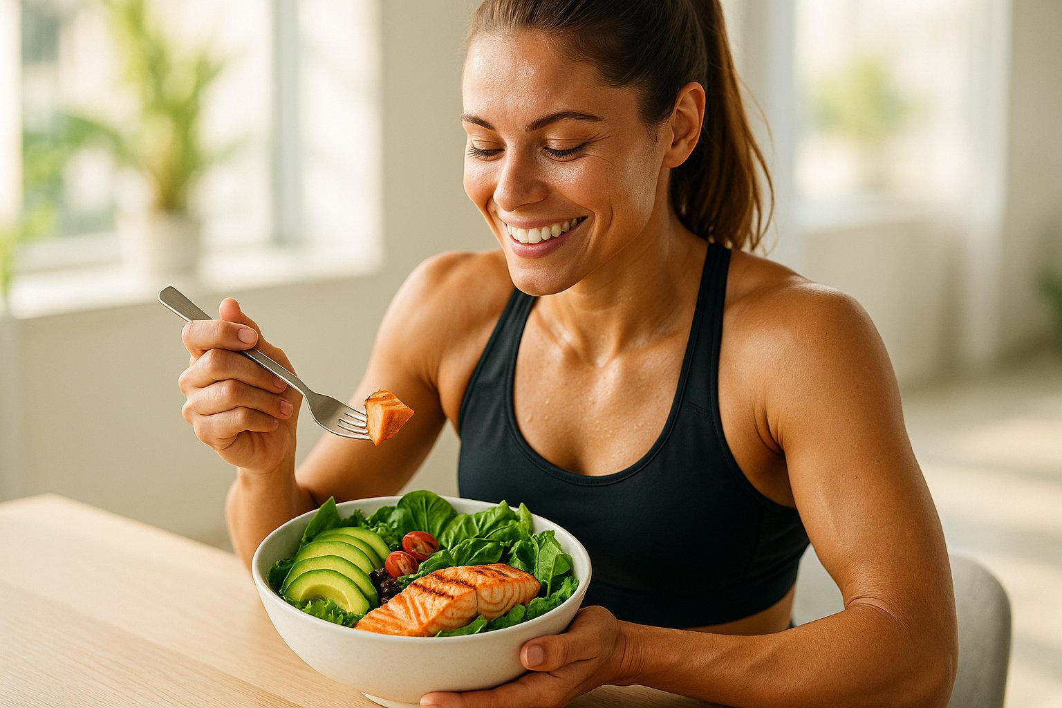 A fit woman enjoying a post-workout keto meal bowl with salmon, avocado, and leafy greens; bright natural lighting, energetic fitness vibe.