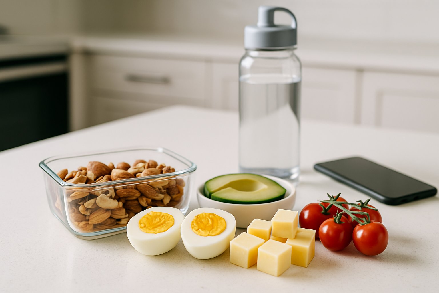 A kitchen countertop with keto-friendly snacks like nuts, avocado slices, hard-boiled eggs, cheese cubes, and cherry tomatoes arranged alongside a water bottle and smartphone.