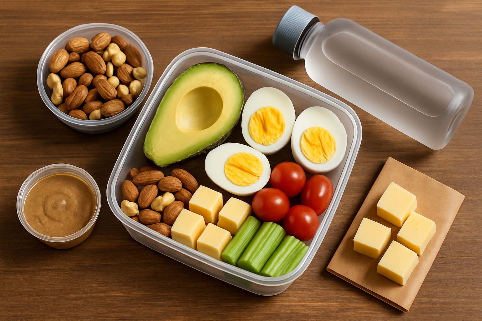 A preparation of keto on the go foods including avocado, boiled eggs, nuts, cheese, cherry tomatoes, and celery sticks arranged on a wooden table with containers and a water bottle.