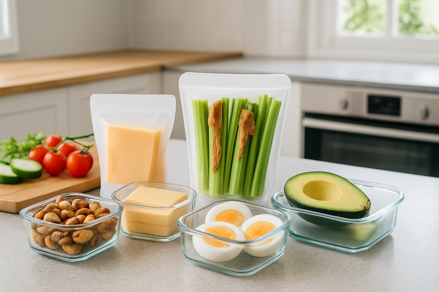A kitchen countertop with homemade keto snacks like nuts, cheese, boiled eggs, avocado, and celery sticks arranged in containers and bags, ready for on-the-go.