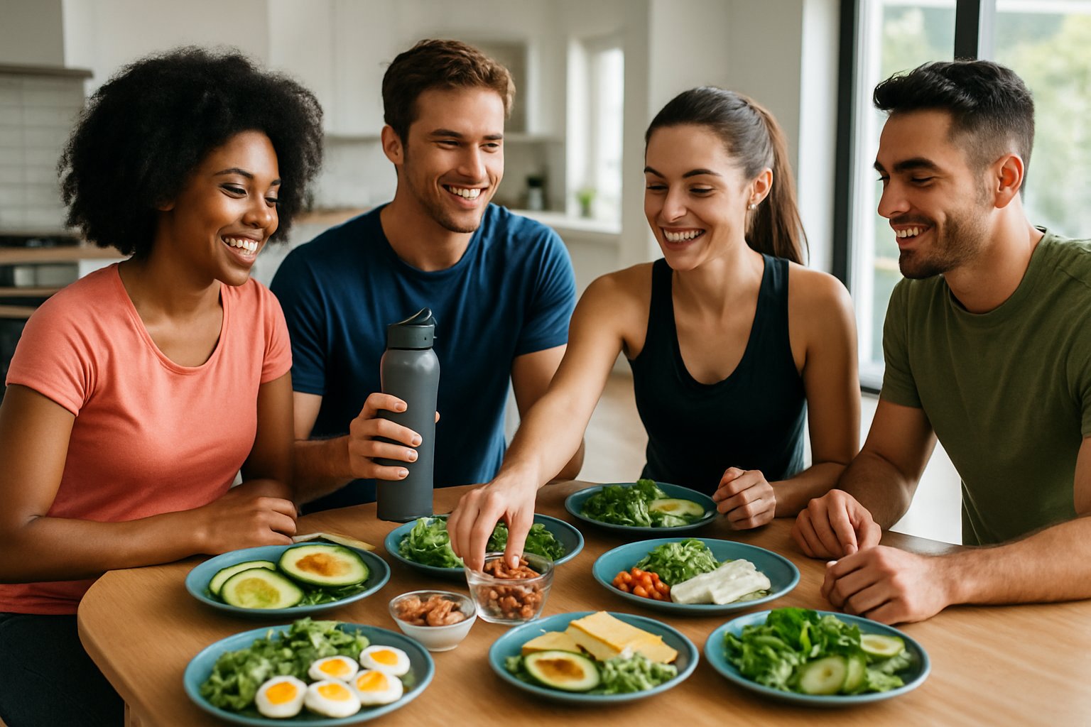 A group of young adults enjoying various keto-friendly snacks in a bright kitchen, looking focused and energized.