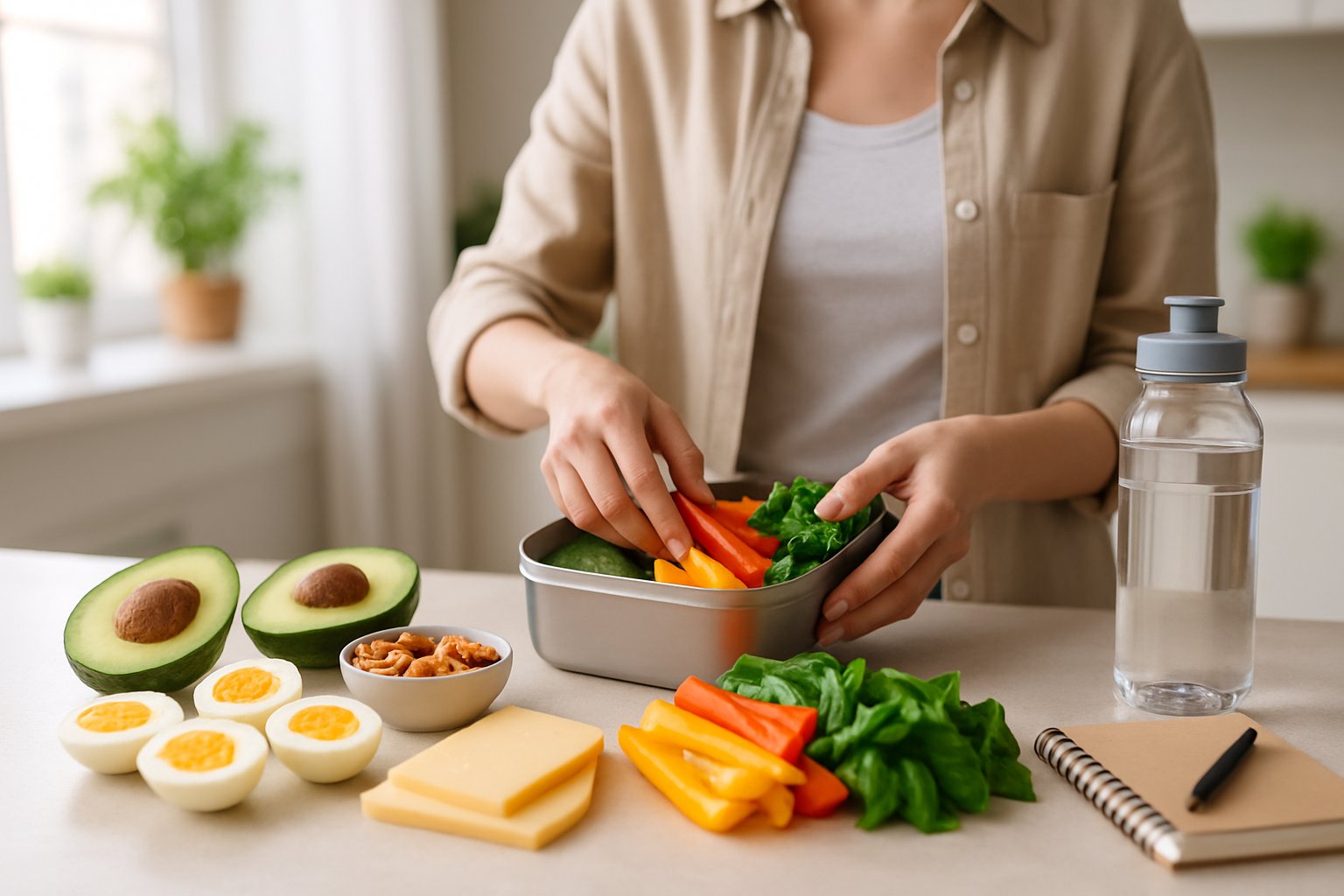 A person packing a reusable lunch container with fresh keto-friendly foods like avocado, boiled eggs, nuts, and vegetables on a kitchen countertop.