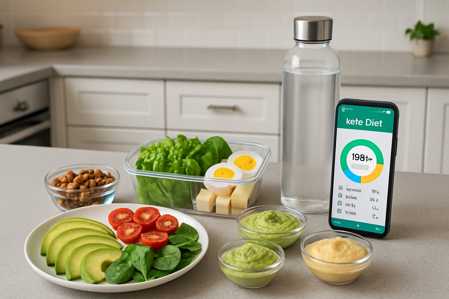 A kitchen countertop with low-carb keto snacks including avocado, nuts, cheese, boiled eggs, and a smartphone showing a meal app.