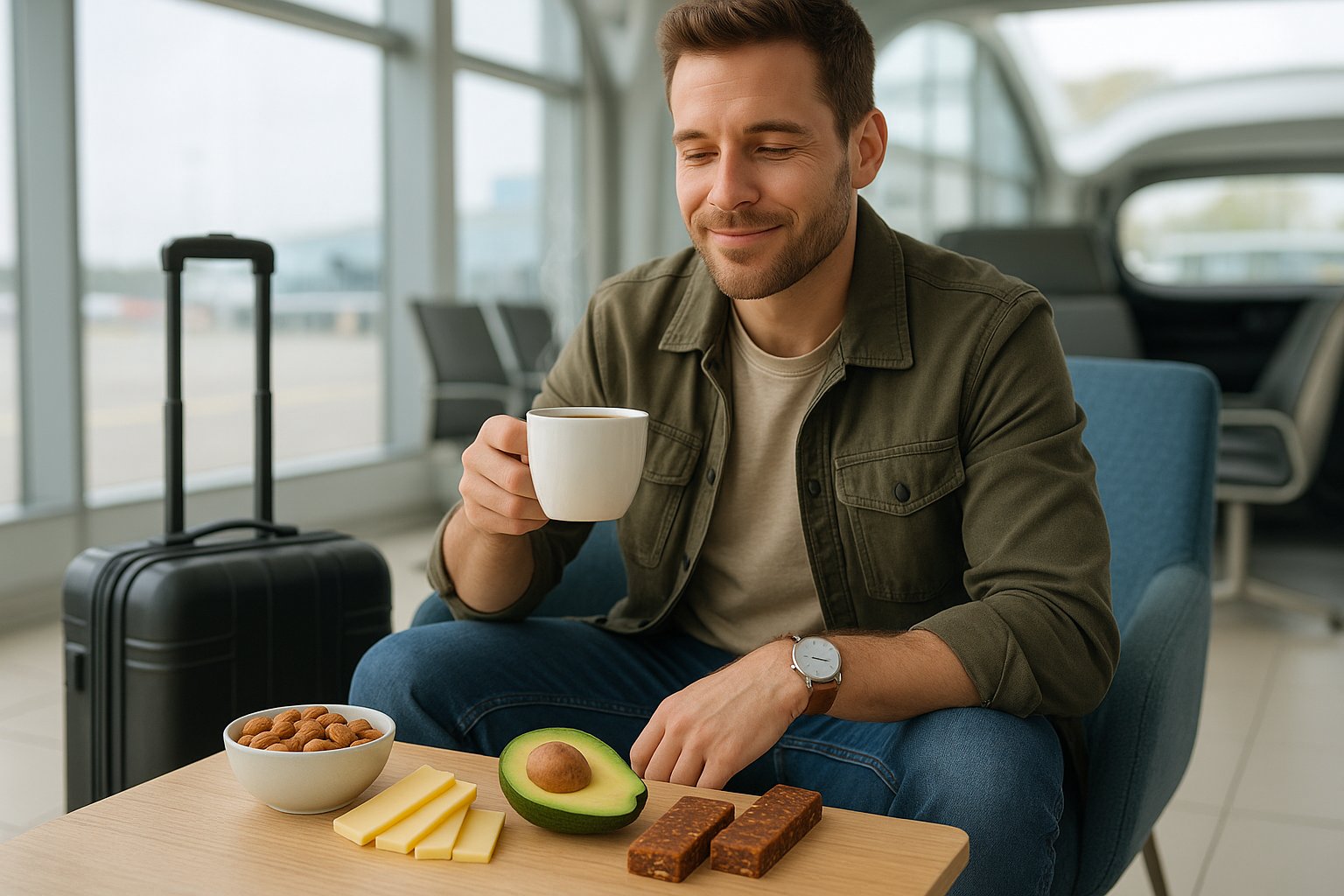 Traveler with keto snacks and coffee at an airport or car stop