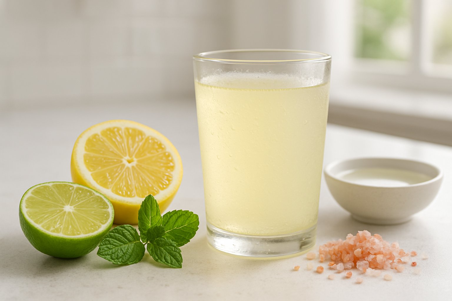 A glass of keto electrolyte drink with lemon slices, mint, pink salt, and coconut water on a kitchen countertop.