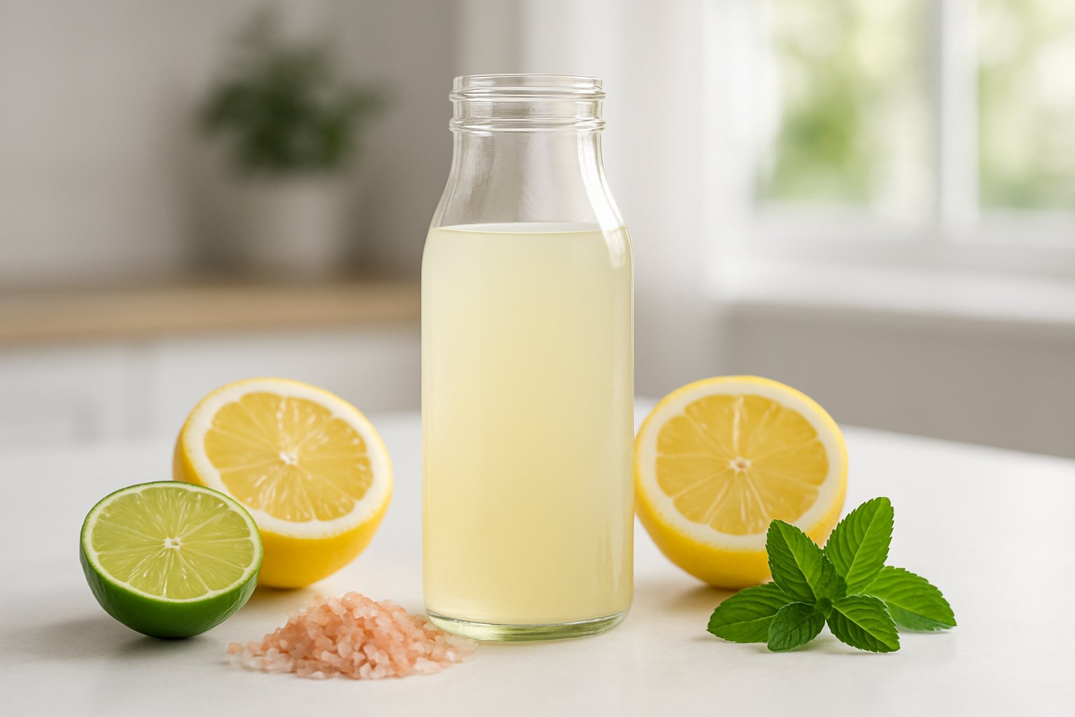 A glass bottle of electrolyte drink surrounded by lemons, limes, pink salt crystals, and mint leaves on a white surface with a bright kitchen background.