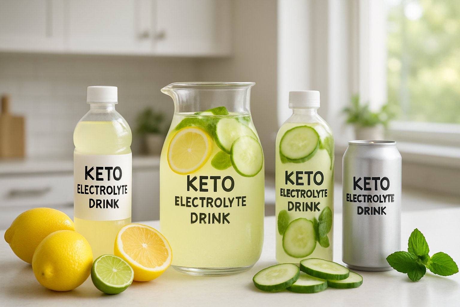 A kitchen countertop with several bottles and a pitcher of keto electrolyte drinks surrounded by fresh lemons, cucumbers, and mint leaves.