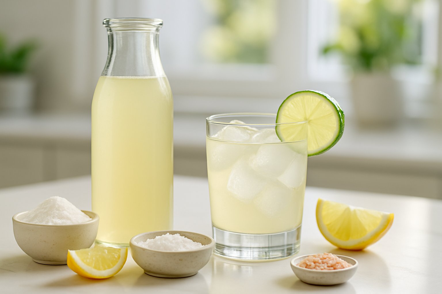 A glass bottle and glass of electrolyte drink with fresh lemon slices, salt, and magnesium powder on a kitchen countertop.
