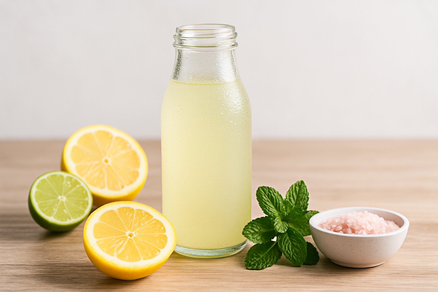 A glass bottle of electrolyte drink with lemon, lime slices, mint leaves, and pink salt on a wooden table.