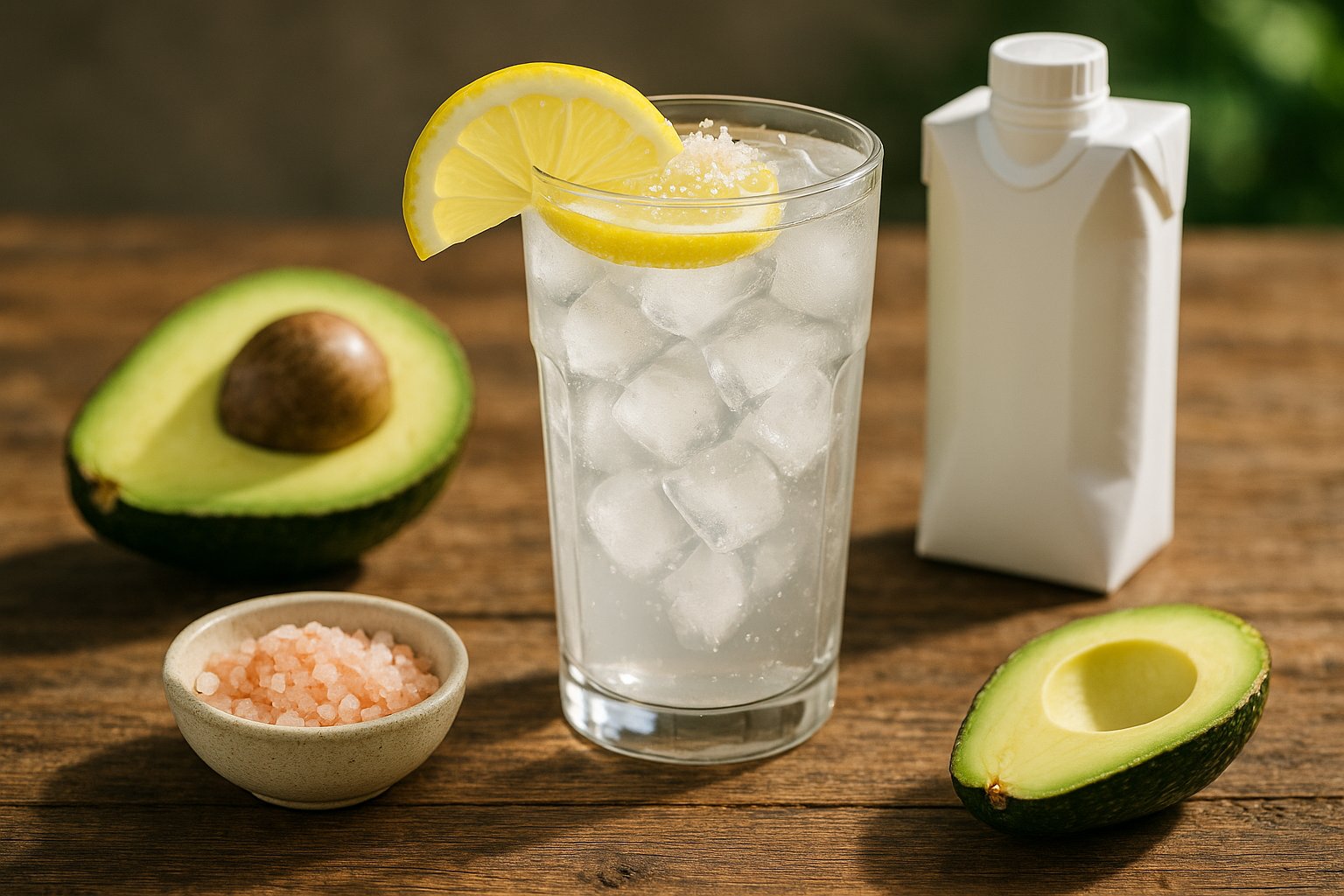 A refreshing keto electrolyte drink with lemon, salt, and ice cubes on a wooden table, surrounded by fresh ingredients (avocado, Himalayan salt, coconut water), bright natural light, healthy lifestyle vibe.