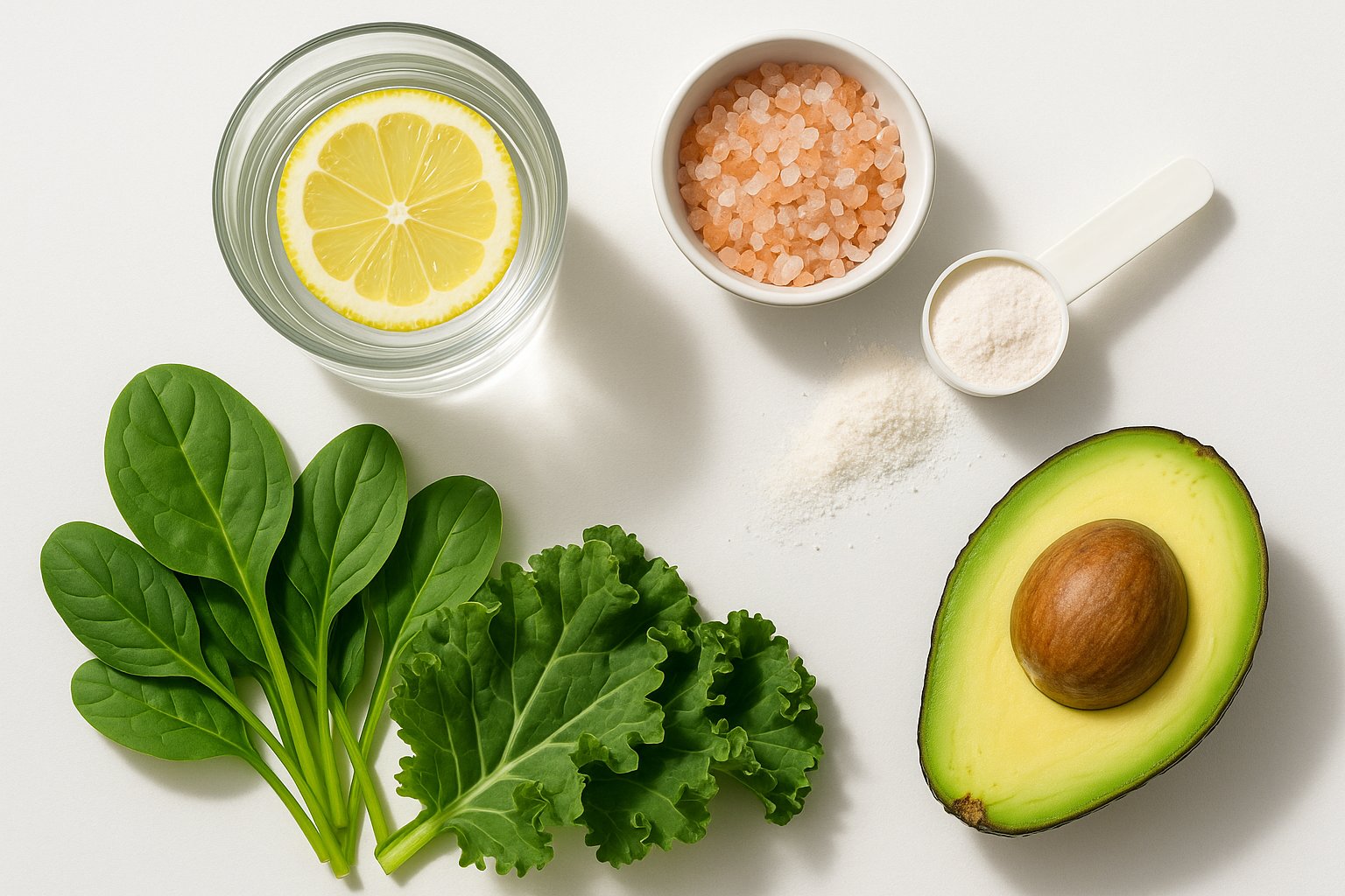 A flat lay of keto-friendly hydration items — a glass of water with lemon, electrolyte powder, Himalayan salt, avocado, and leafy greens — bright, clean, wellness aesthetic.