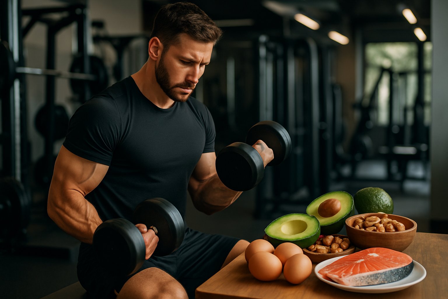 How to build muscle on keto, a muscular man lifting dumbbells in a gym with keto-friendly foods like avocados and eggs on a table nearby.