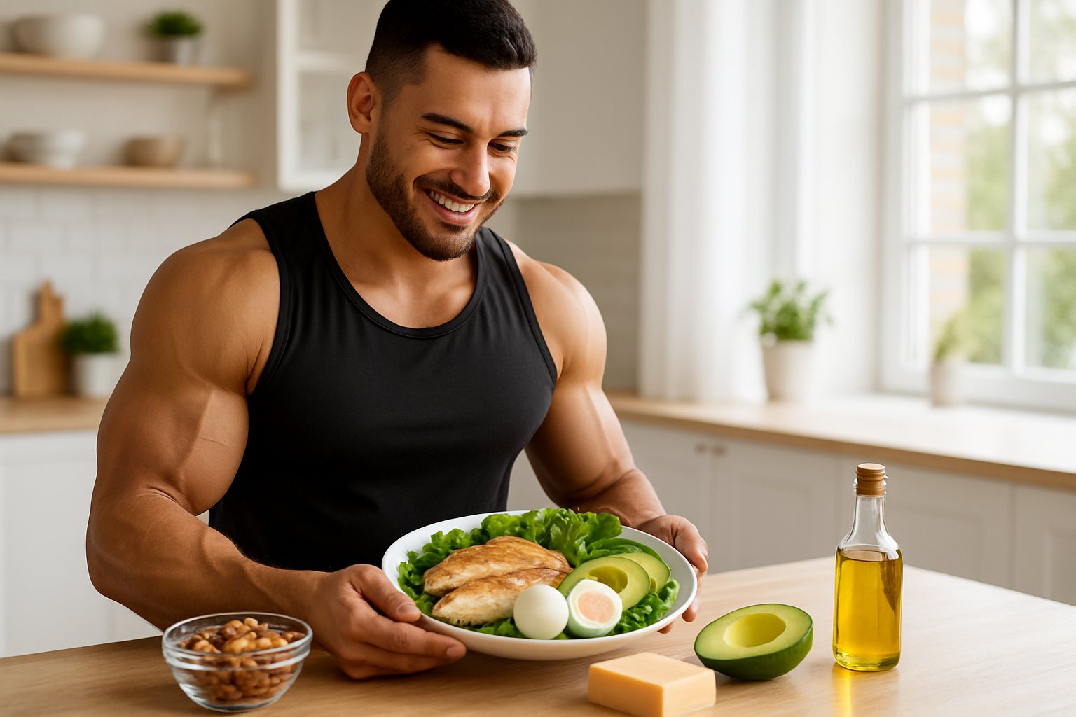 A muscular man in workout clothes preparing a plate of high-protein keto foods in a bright kitchen.