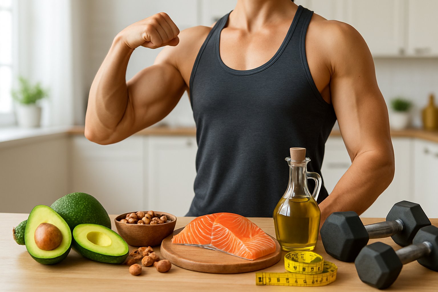A muscular person flexing their arm in a kitchen with healthy foods like avocados, nuts, olive oil, and salmon on the counter.