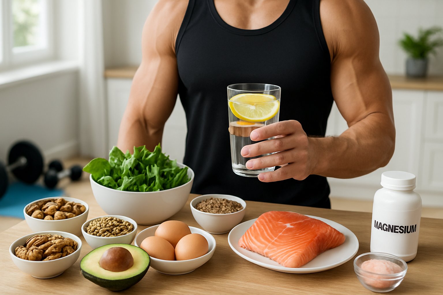 A person preparing a healthy keto meal with fresh foods like avocado, eggs, salmon, and leafy greens on a kitchen counter, with a glass of lemon water and supplements nearby.