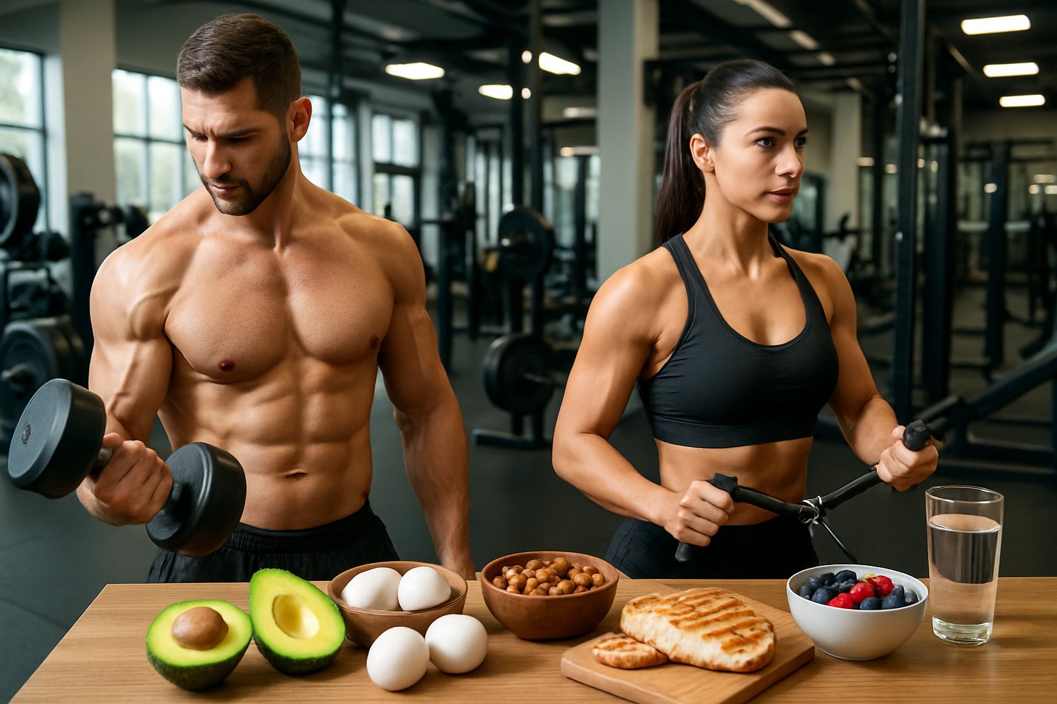 A muscular man and woman working out in a gym with keto-friendly foods on a table nearby.