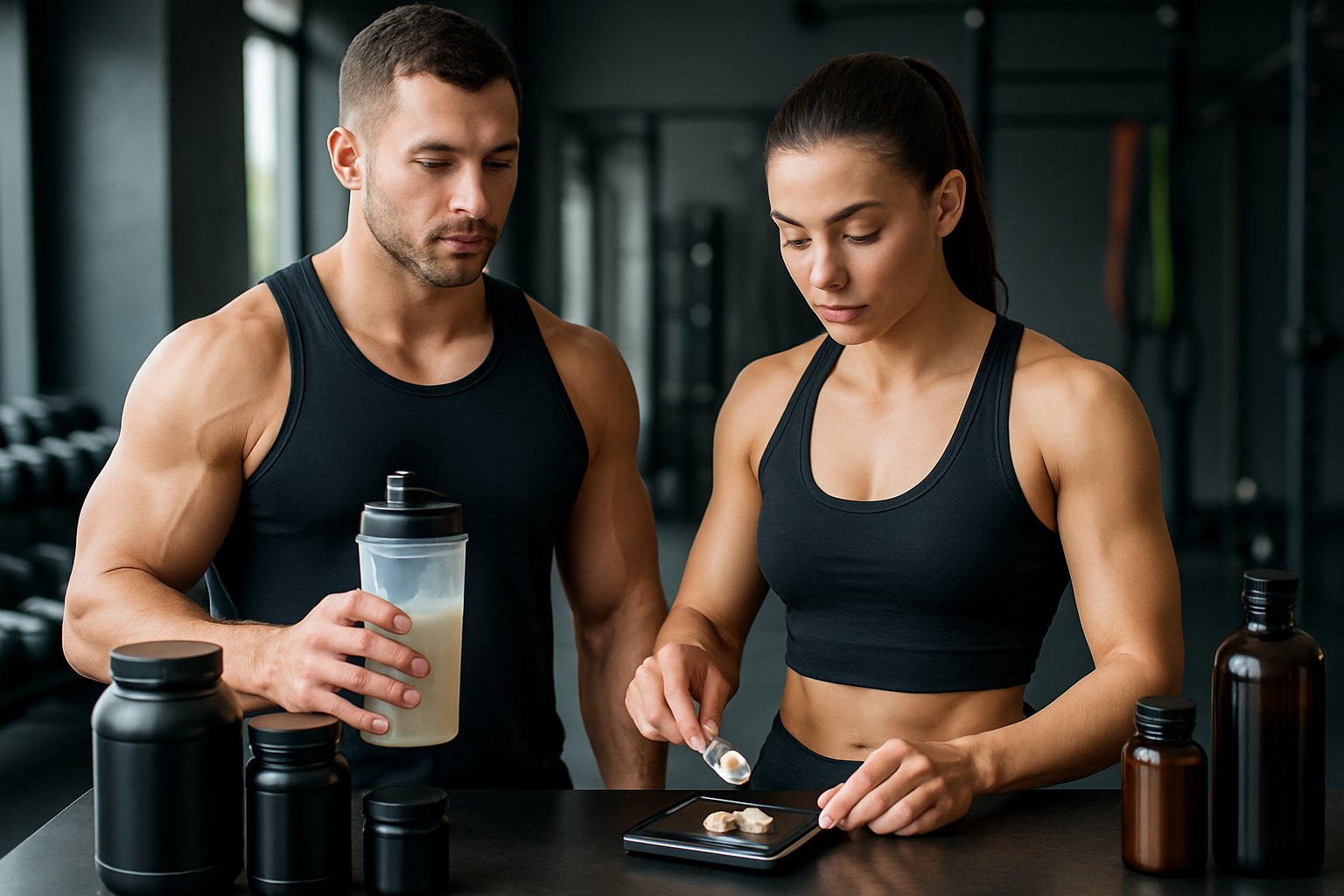 A muscular man and woman in a gym preparing keto-friendly muscle supplements with gym equipment in the background.
