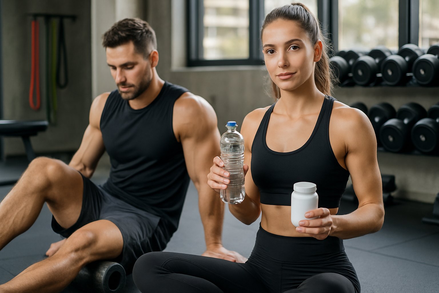 A fit man using a foam roller and a woman holding water and supplements in a gym setting focused on muscle recovery.