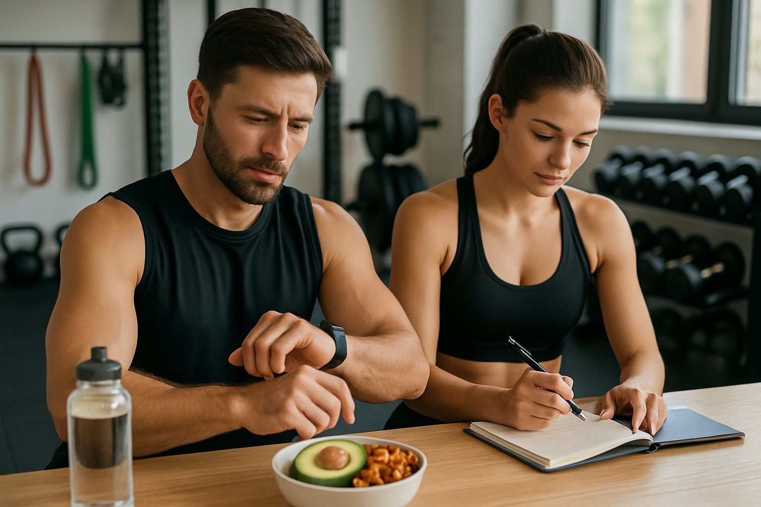 A man and woman in a gym tracking their fitness progress with a smartwatch and notebook, surrounded by gym equipment and keto-friendly foods.