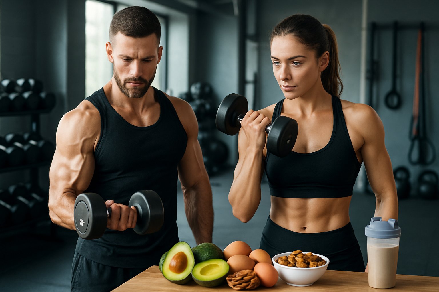 A muscular man and woman lifting weights in a gym with keto-friendly foods on a table nearby.