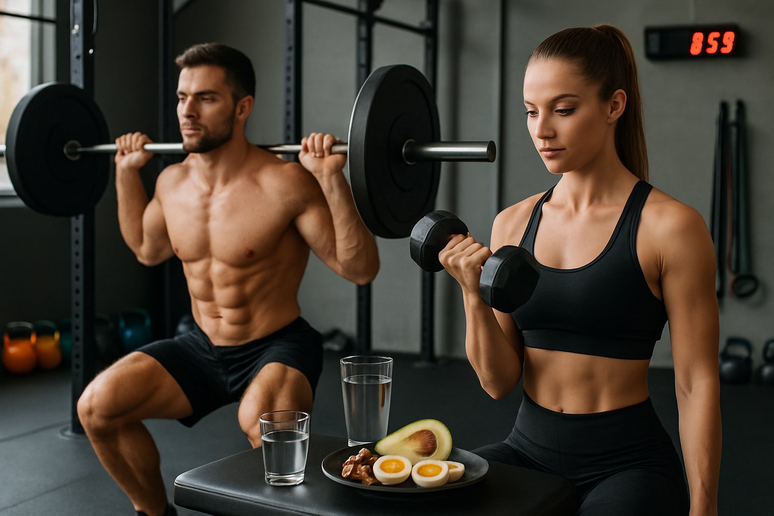 A muscular man squatting with a barbell and a woman doing dumbbell curls in a gym with keto-friendly foods nearby.