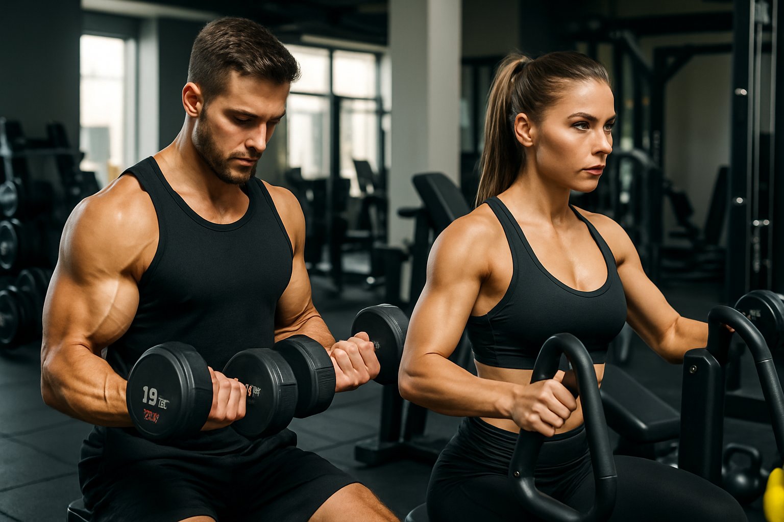 A muscular man and woman working out with weights in a gym.