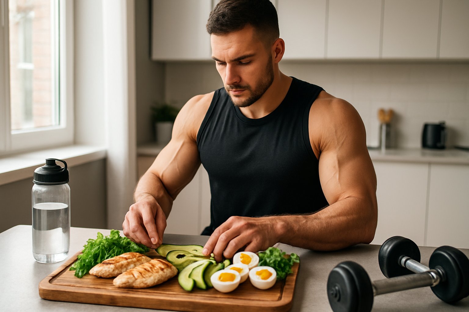 A muscular man preparing a keto-friendly high-protein meal with chicken, avocado, eggs, and greens in a bright kitchen with workout equipment nearby.