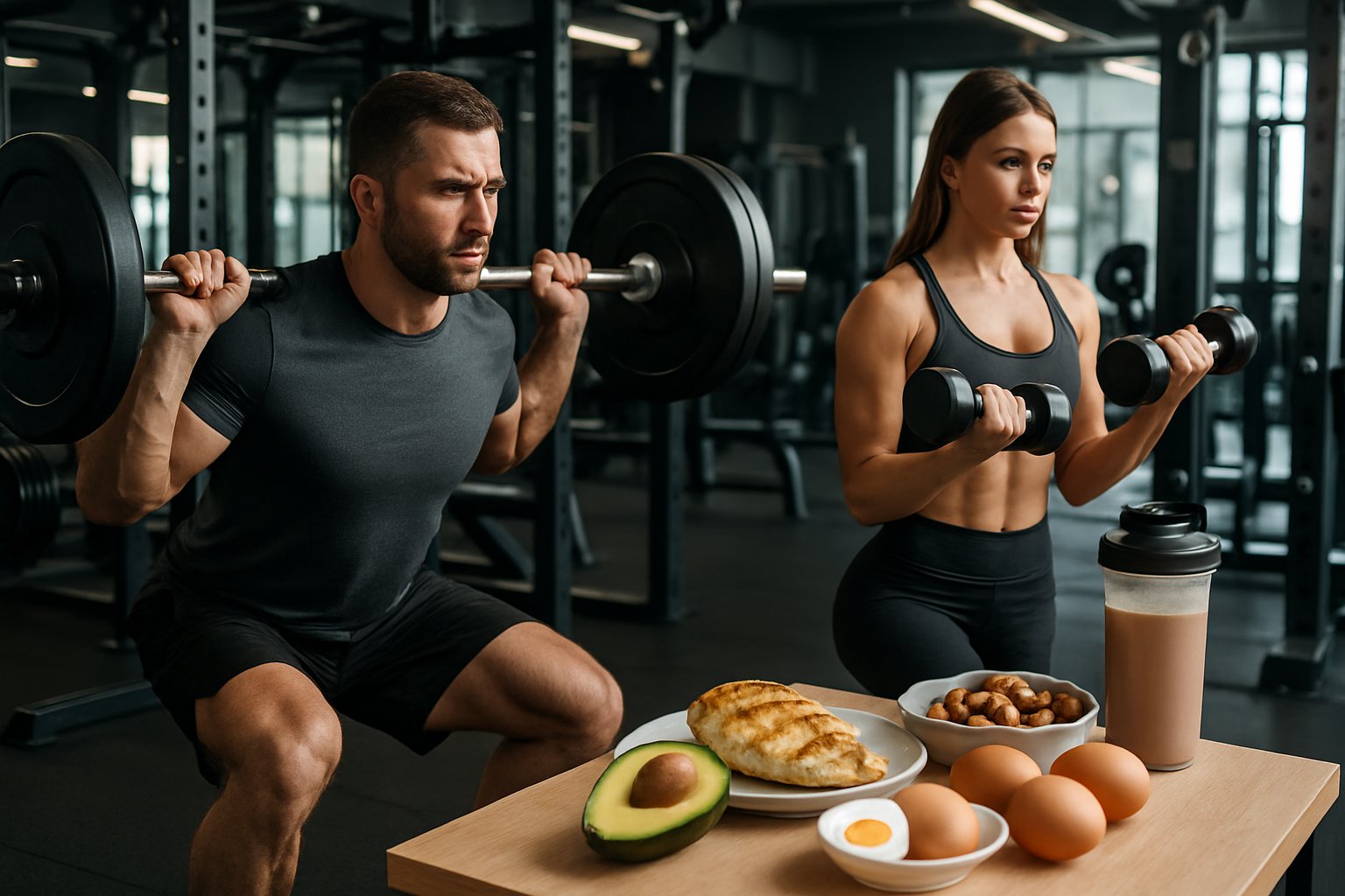 Showing keto for muscle growth, a muscular man and woman working out with weights in a gym next to a table with keto-friendly protein foods and a protein shake.