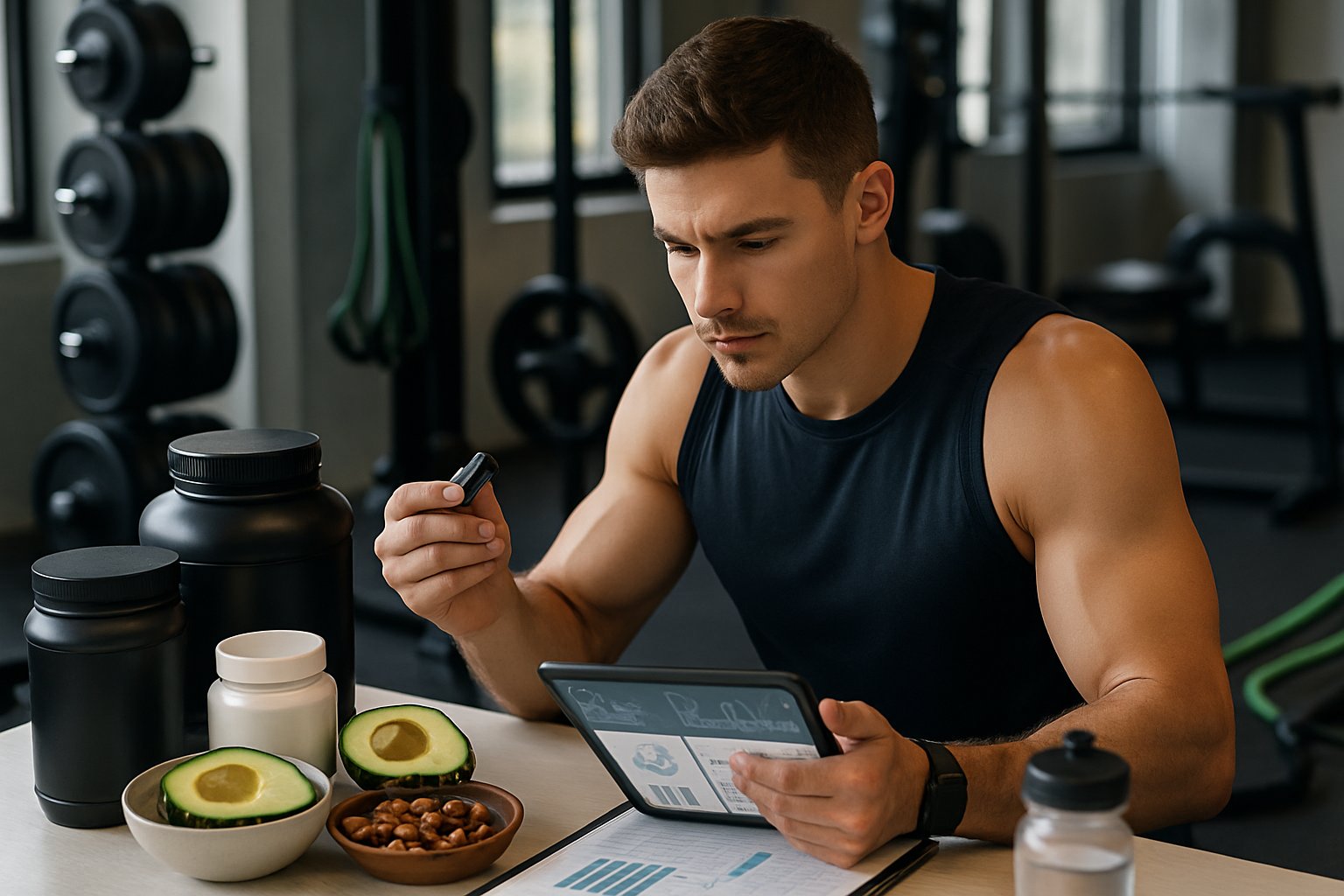 A young man in gym clothes tracking his fitness progress with a digital device, surrounded by gym equipment and keto-friendly foods on a table.