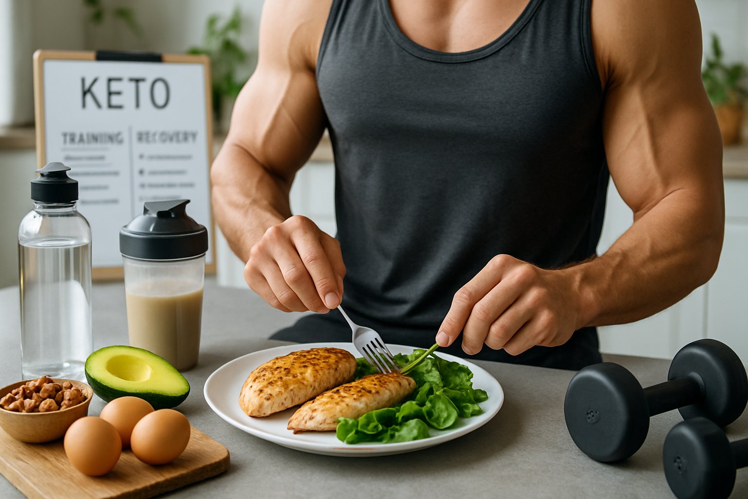 A muscular person preparing a high-protein keto meal in a kitchen with fresh ingredients and workout equipment nearby.