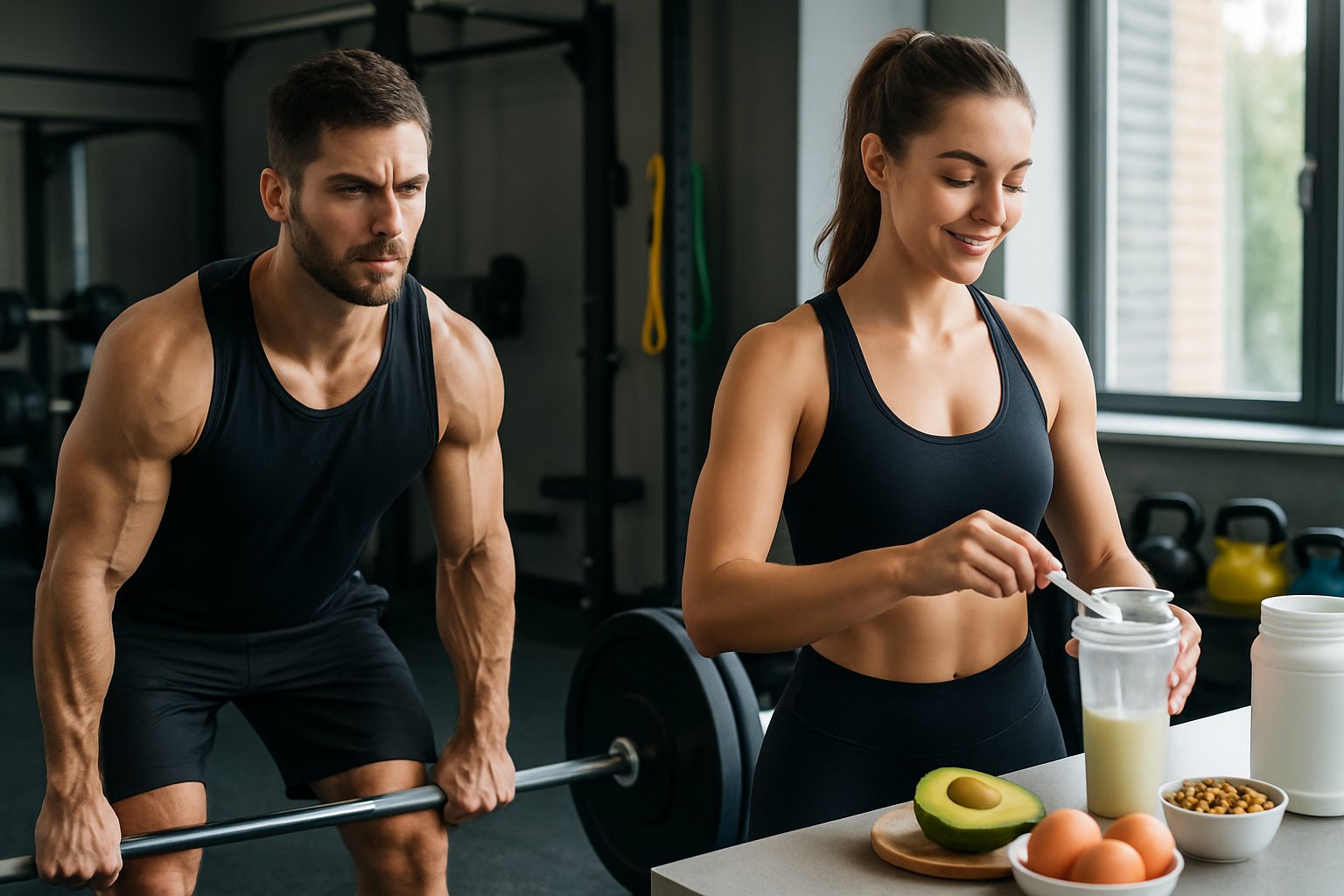 A fit man lifting a barbell in a gym while a woman prepares a protein shake with fresh ingredients nearby.
