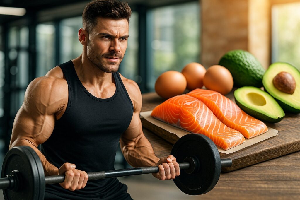 Athletic man lifting weights with keto-friendly foods like salmon, eggs, and avocados in background — bright, powerful energy tone.