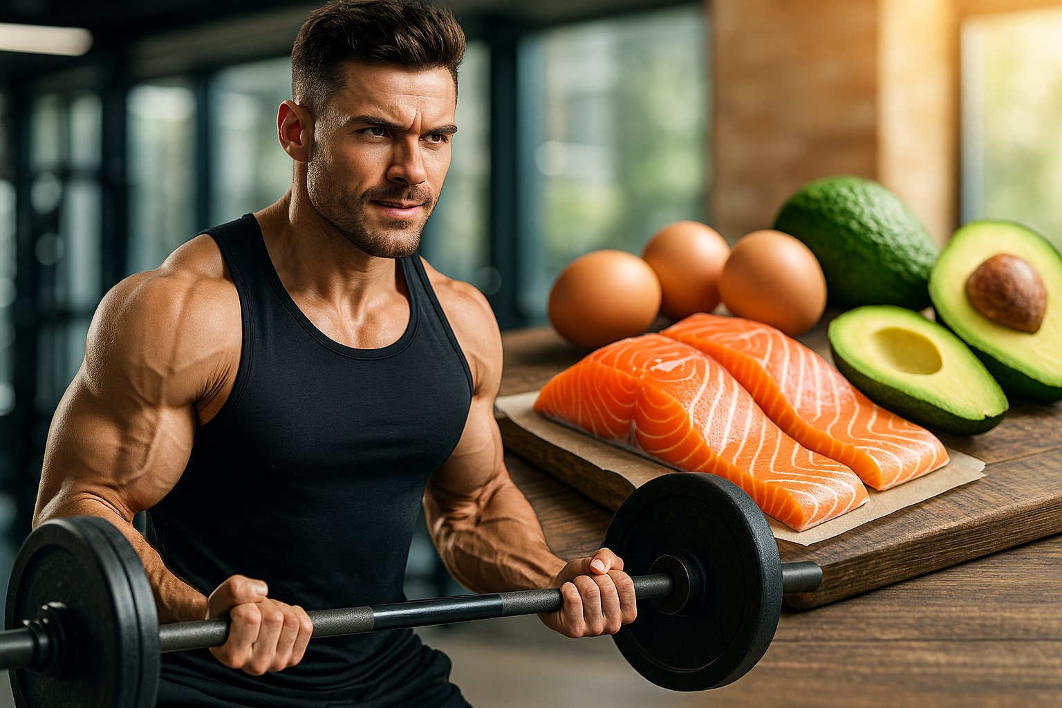 Athletic man lifting weights with keto-friendly foods like salmon, eggs, and avocados in background — bright, powerful energy tone.