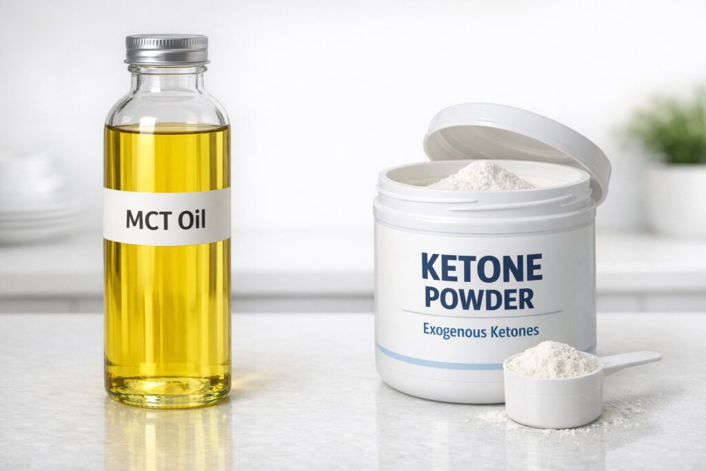 High-resolution side-by-side comparison image of a glass bottle of MCT oil made from coconut on one side and a container of exogenous ketone powder with a measuring scoop on the other, placed on a clean white kitchen counter with natural lighting, minimal background distractions, educational comparison style